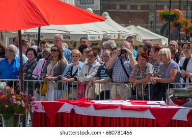 Gdansk, Poland - July 18, 2017: People Near Table For Food In Old Town Of Gdansk Before Arrival Of Royal Couple (Duchess Kate And Prince William).