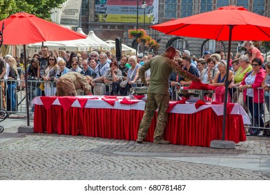 Gdansk, Poland - July 18, 2017: Polish Police Checking Table For Food Before Arrival Of Royal Couple (Duchess Kate And Prince William).