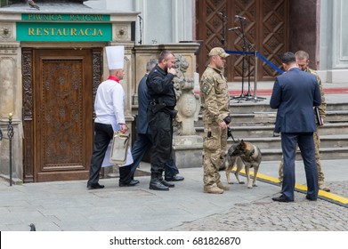 Gdansk, Poland - July 18, 2017: Polish Police With Dog Near Artus Court In Old Town Of Gdansk Before Arrival Of Royal Couple (Duchess Catherine And Prince William).