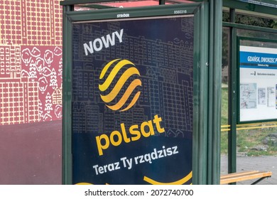 Gdansk, Poland - July 31, 2021: New Polsat logo on bus stop.