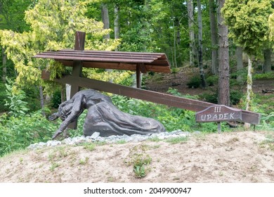 Gdansk, Poland - July 7, 2021: Jesus Falls For The First Time, Stations Of The Cross At Sanctuary Of Our Lady Of Pregnancy In Gdansk Matemblewo.