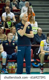 Gdansk, Poland - March 18, 2017: Andrea Anastasi At Men's Volleyball Match At Ergo Arena. Andrea Anastasi Is Coach Of Lotos Trefl Gdansk And Ex-coach Of Poland Men's National Volleyball Team.