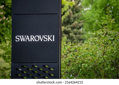 Gdansk, Poland - MAY 22 2022. Swarovski store logo, Austrian producer of crystal, lead glass. Swarovski is a designer, manufacturer and retailer of jewelry