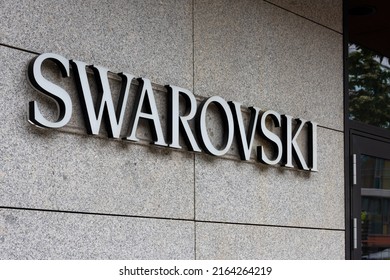 Gdansk, Poland - MAY 22 2022. Swarovski Store Logo, Austrian Producer Of Crystal, Lead Glass. Swarovski Is A Designer, Manufacturer And Retailer Of Jewelry