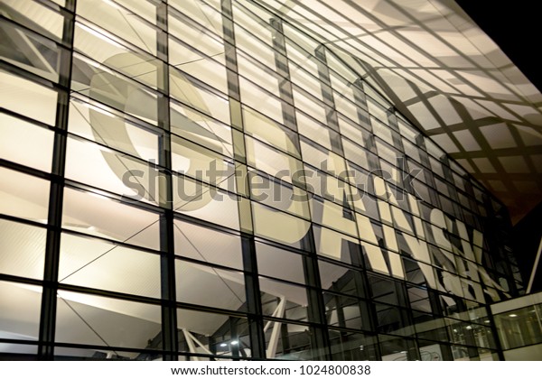 Gdansk, Poland - November 18,\
2017:Airport in Gdansk. Facade of the building in the\
evening