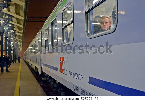 GDANSK, POLAND - NOVEMBER 23 - Carriage of a\
long-distance train of Polish railway operator PKP Intercity,\
standing at Gdansk Main Railway Station on November 23, 2016 in\
Gdansk (Danzig), Poland