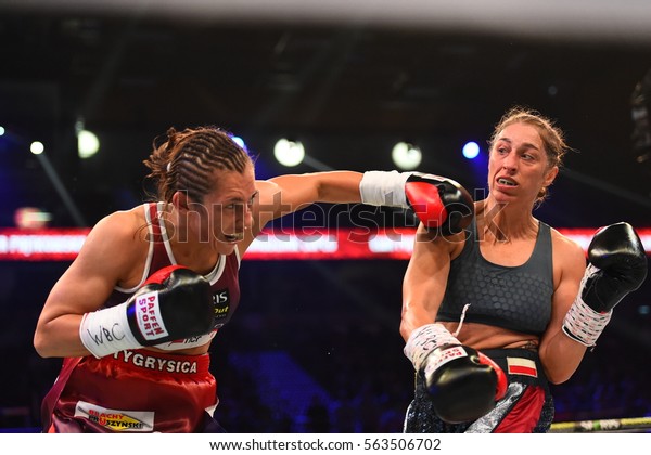 Gdansk, Poland -September 17, 2016: boxing\
fight between Ewa Piatkowska and Aleksandra Magdziak Lopes for WBC\
Women\'s World Superwelterweight\
Championship