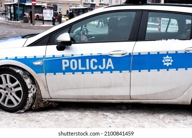 Gdansk, Pomeranian Voivodeship, Poland - December 28 2021: Police Car In Winter Time. 