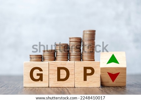 GDP block with Coins stack and UP and Down arrow symbol icon. Gross domestic product, Financial, Management, Economic, Inflation, recession and Money concepts [[stock_photo]] © 