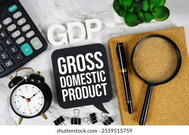 GDP - Gross Domestic Product acronym with calculator, alarm clock and magnifying glass, Business concept background - Powered by Shutterstock