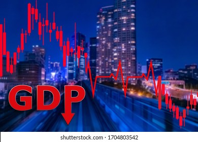 GDP Logo The Background Of Night City. Empty Overpass In Night City. Concept - Decline In GDP. Concept - Stop The State Economy. Graph Shows The Level Of GDP. Economic Crisis. Financial Depression