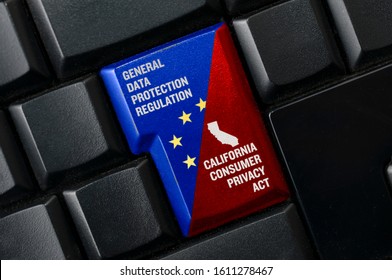 GDPR And CCPA Concept: A Black Keyword With A Key With Text General Data Protection Regulation And  California Consumer Privacy Act. This Two Laws Regulate Data Protection And Privacy.