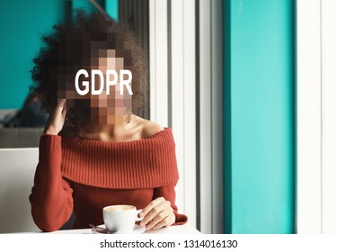 GDPR Concept Image. General Data Protection Regulation, Protection Of Personal Data. Young Unrecognizable Woman Drinking Coffee In Cafe