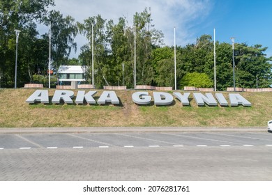 Gdynia, Poland - August 1, 2021: Arka Gdynia inscription. Morski Zwiazkowy Klub Sportowy Arka Gdynia is a Polish professional football club, based in Gdynia, Poland,