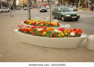 Gdynia, Poland - May 02, 2014: Two Very Nice City Flower Beds In The Shape Of A Boat