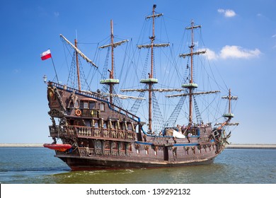 GDYNIA, POLAND - MAY 19: "Dragon" - pirate ship on the water of Baltic Sea in Gdynia on 19 May 2013. This ship imitating XVII century galleon is big tourist attraction of Tri city in Poland.