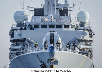 GDYNIA, POMERANIA / POLAND - 2018: Crew Aboard The British Warship Of The HMS WESTMINSTER Frigate
