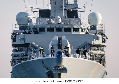 GDYNIA, POMERANIA - POLAND - 2018: Crew Aboard The British Warship Of The HMS WESTMINSTER Frigate
