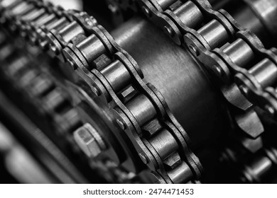 Gear chain drive shaft in conveyor belt is on production line. Timing chain of car, tensioners in engine. Industrial roller chain, technology. Team work, business industrial concept - Powered by Shutterstock