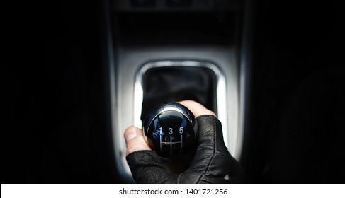 Gear Lever. Manual Transmission. Hand On The Gear Shift In A Car.