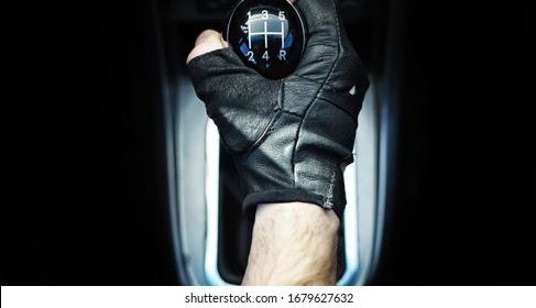 Gear Lever. Manual Transmission. Hand On The Gear Shift In A Car.