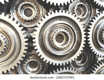 Gear and spare parts background. Workshop of a automotive factory for production of automotive gear and spare parts. Production of gears for automobile gearboxes for trucks. Small sharpness