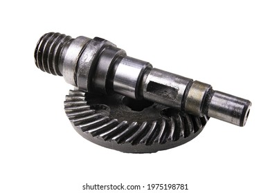 Gear Wheel And Metal Axle. Spare Parts For Production Machines. Isolated Background. 