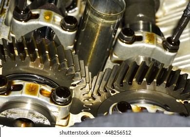 Gears In Car Engine With Lubricant Oil On Repairing.