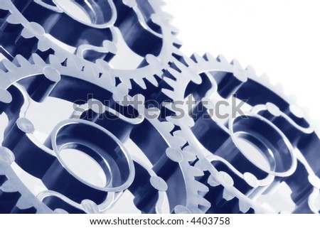 Gears interconnected, in blue duotone.