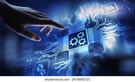 Gears mechanism on virtual screen. Automation and business process flow. Business and technology concept.