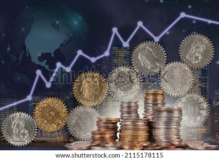 Gears from swiss coins and collumns of coins on background of night cityscape and financical diagram. Worldwide banking and teamwork concept
