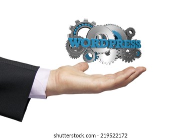 gears with the text wordpress over a businessman hand