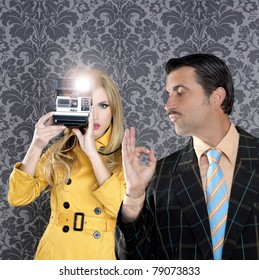 Geek Tacky Mustache Man Reporter Fashion Girl Photo Shoot Retro Wallpaper [Photo Illustration]