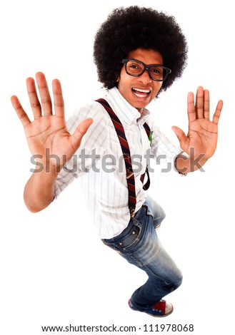 Geeky black man having fun dancing - isolated over a white background