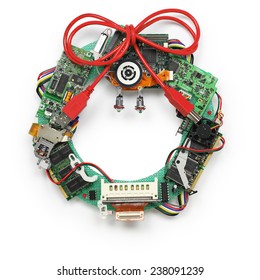 Geeky Christmas Wreath Made By Old Computer Parts Isolated On White Background, Christmas Greeting Card