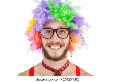 Geeky Hipster In Afro Rainbow Wig On White Background