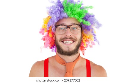 Geeky Hipster In Afro Rainbow Wig On White Background