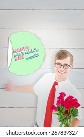 Geeky hipster offering bunch of roses against wooden planks - Shutterstock ID 267839327