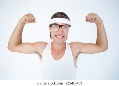 Geeky Hipster Posing In Sportswear On White Background