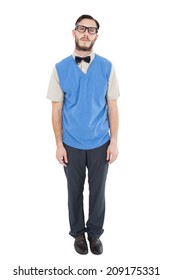 Geeky Hipster Wearing Sweater Vest On White Background