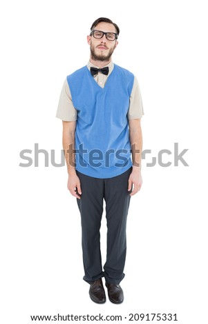 Geeky hipster wearing sweater vest on white background