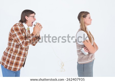 Geeky hipsters using string phone on white background
