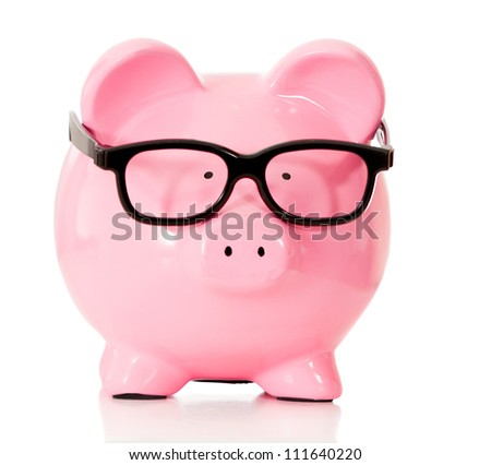 Geeky piggybank with glasses - isolated over a white background