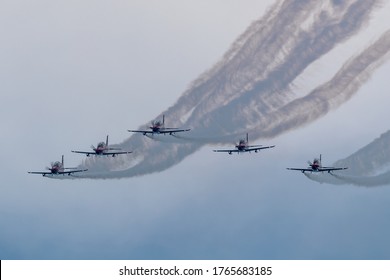 Geelong, Australia - January 26, 2020: Royal Australian Air Force Roulettes Aerobatic Team Flying Pilatus PC-21 Training Aircraft Performing Over Geelong As Part Of The Celebration Of Australia Day.