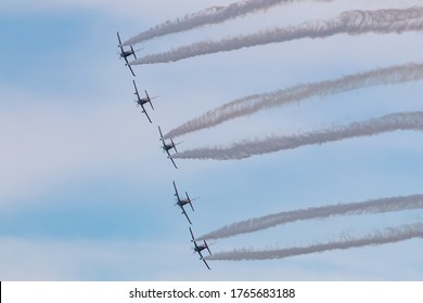 Geelong, Australia - January 26, 2020: Royal Australian Air Force Roulettes Aerobatic Team Flying Pilatus PC-21 Training Aircraft Performing Over Geelong As Part Of The Celebration Of Australia Day.