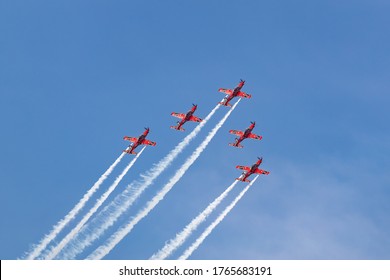 Geelong, Australia - January 26, 2020: Royal Australian Air Force Roulettes Aerobatic Team Flying Pilatus PC-21 Training Aircraft Performing Over Geelong As Part Of The Celebration Of Australia Day.