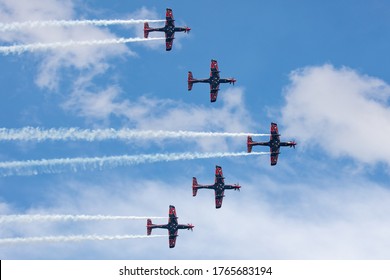 Geelong, Australia - January 26, 2020: Royal Australian Air Force Roulettes Aerobatic Team Flying Pilatus PC-21 Training Aircraft Performing Over Geelong As Part Of The Celebration Of Australia Day.