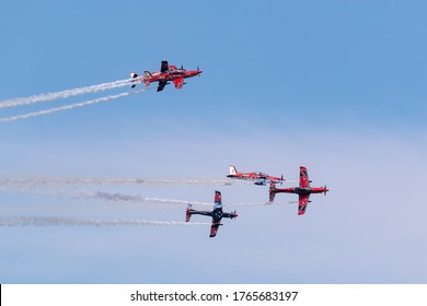 Geelong, Australia - January 26, 2020: Royal Australian Air Force Roulettes Aerobatic Team Flying Pilatus PC-21 Training Aircraft Performing Over Geelong As Part Of The Celebration Of Australia Day.