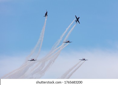 Geelong, Australia - January 26, 2020: Royal Australian Air Force Roulettes Aerobatic Team Flying Pilatus PC-21 Training Aircraft Performing Over Geelong As Part Of The Celebration Of Australia Day.