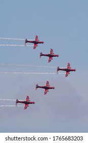 Geelong, Australia - January 26, 2020: Royal Australian Air Force Roulettes Aerobatic Team Flying Pilatus PC-21 Training Aircraft Performing Over Geelong As Part Of The Celebration Of Australia Day.